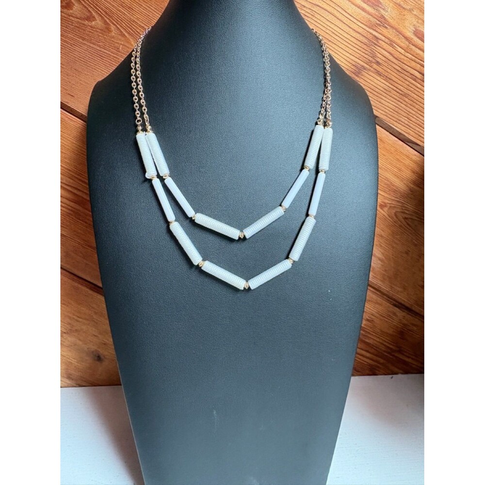 Double-Layer White Bead Necklace with Gold Chain NWT